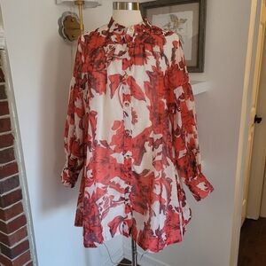 Floral Red and White Women's Dress Lined Size Medium By Chicways